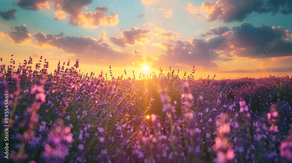 Idyllic view of sun shining over lavender field against sky during sunset Idyllic view of sun shining over lavender field against sky during sunset