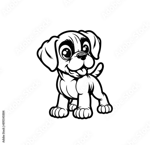 Happy cartoon Boxer puppy with big eyes and floppy ears. Cute playful smiling dog character for kids merchandise, nursery decor, educational materials. Vector illustration