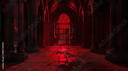 The dark room had pointed arches and pillars. It was lit by a dim red light coming from the barred door.