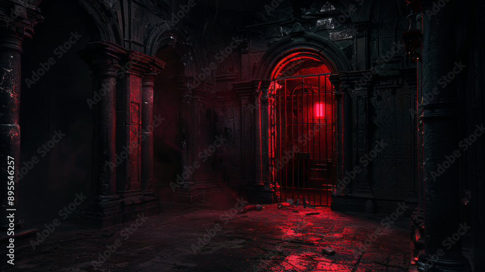 The dark room had pointed arches and pillars. It was lit by a dim red light coming from the barred door. The dark room had pointed arches and pillars. It was lit by a dim red light coming from the barred door.