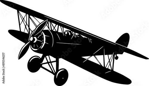 Flying biplane, vintage plane vector illustration