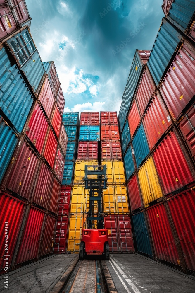 Fototapeta premium Vibrant Shipping Containers Stacked with Forklift Under Dramatic Sky in Industrial Port