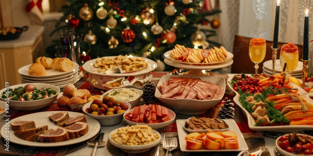Fototapeta premium Festive Christmas Feast: Lavish Holiday Table Adorned with Delectable Treats and Seasonal Delights. Enchanting 4K Wallpaper Showcasing a Bountiful Spread of Traditional Foods, Snacks, and Decorations 