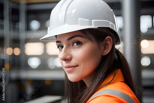 Portrait headshotShot of a young woman wearing a hardhat at work. construction worker, tradeswoman, oil rig worker, helmet, industry, labor, job, profession, safety, engineer, site, project, builder