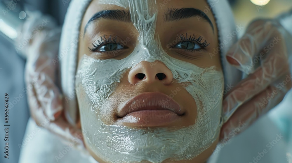Close-up of a Woman Receiving a Facial Treatment with a Clay Mask at a Spa Close-up of a Woman Receiving a Facial Treatment with a Clay Mask at a Spa
