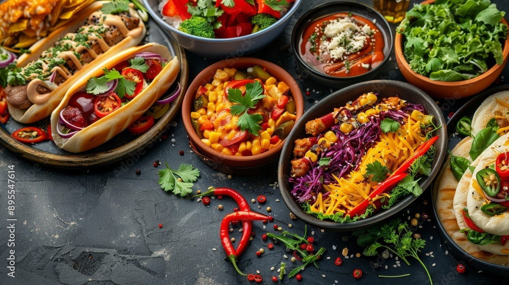 Delicious Food Platter with Hot Dogs, Salad and Pita Bread. Delicious Food Platter with Hot Dogs, Salad and Pita Bread.