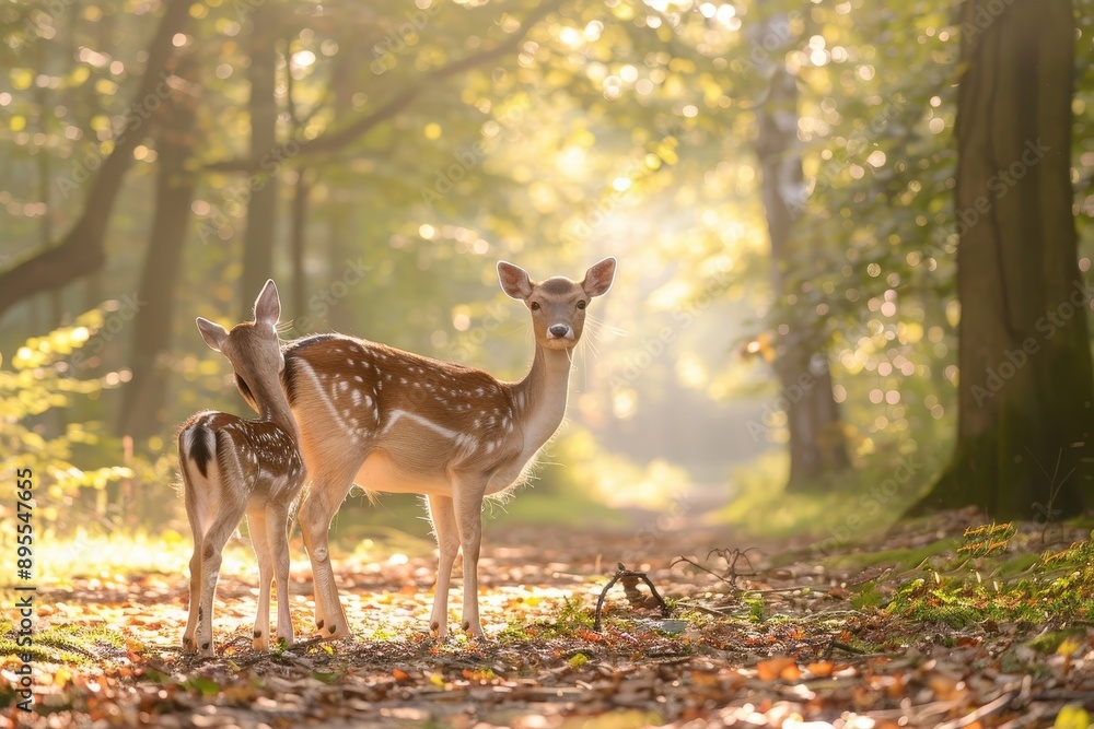 Fototapeta premium A serene picture of a fallow deer doe and her fawn in a sun-dappled forest clearing