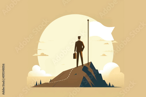 illustration of a businessman standing on a mountain peak next to a flag symbolizing achievement, success and victory