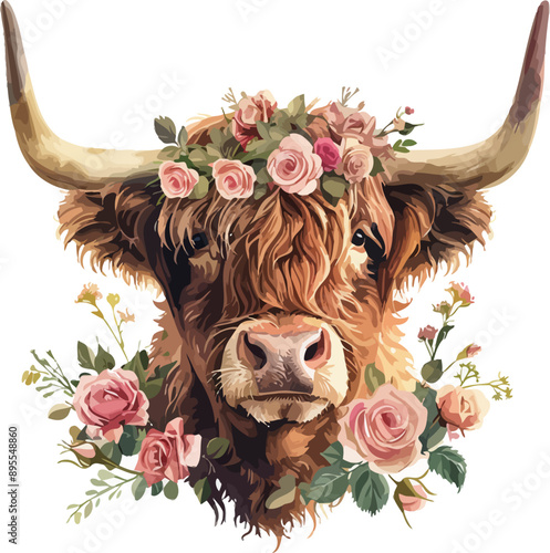 Highland Cow With Floral Wreath Watercolor Vector Illustration.