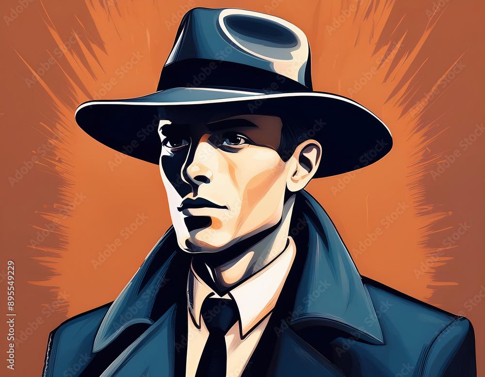 cartoon illustration of a detective in a hat and jacket on the orange ...