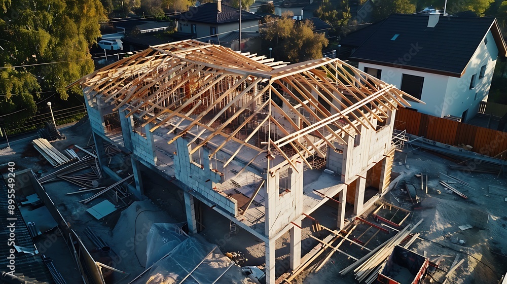 Membrane covered roof girders on the detached home being built Membrane covered roof girders on the detached home being built
