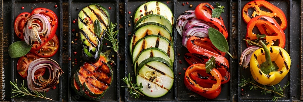 Grilled Vegetables on Black Plates. Grilled Vegetables on Black Plates.