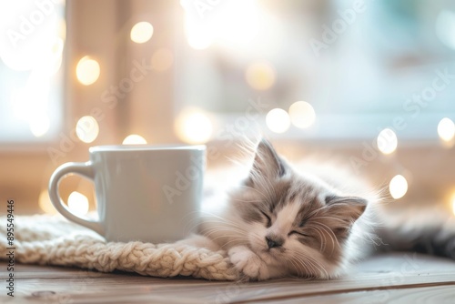 Cozy Cat Nap with Warm Cup - Comfortable Home Atmosphere