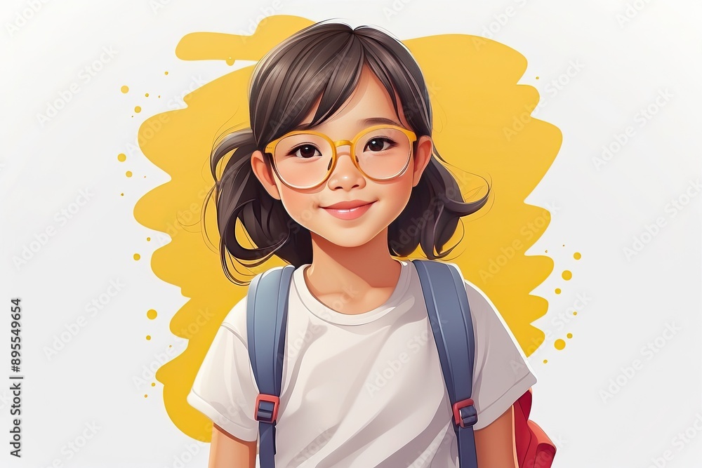 Portrait of a Asian schoolgirl with glasses on a yellow background, with a backpack. Back to school, correction of pupil eyesight. Portrait of a Asian schoolgirl with glasses on a yellow background, with a backpack. Back to school, correction of pupil eyesight.