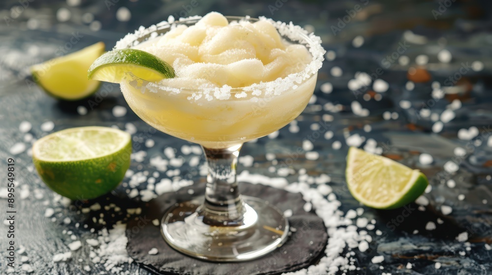 Frozen Margarita Cocktail with Lime Garnish and Salt Rim Frozen Margarita Cocktail with Lime Garnish and Salt Rim