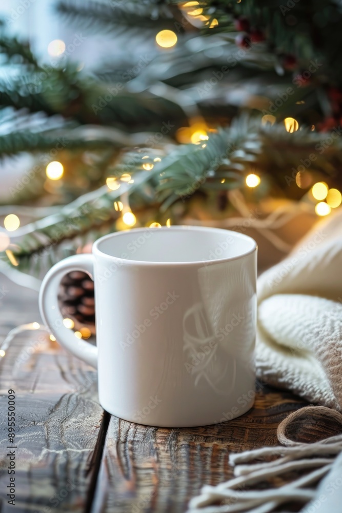 Festive Holiday Mug Surrounded by Christmas Decorations and Warm Lights Festive Holiday Mug Surrounded by Christmas Decorations and Warm Lights