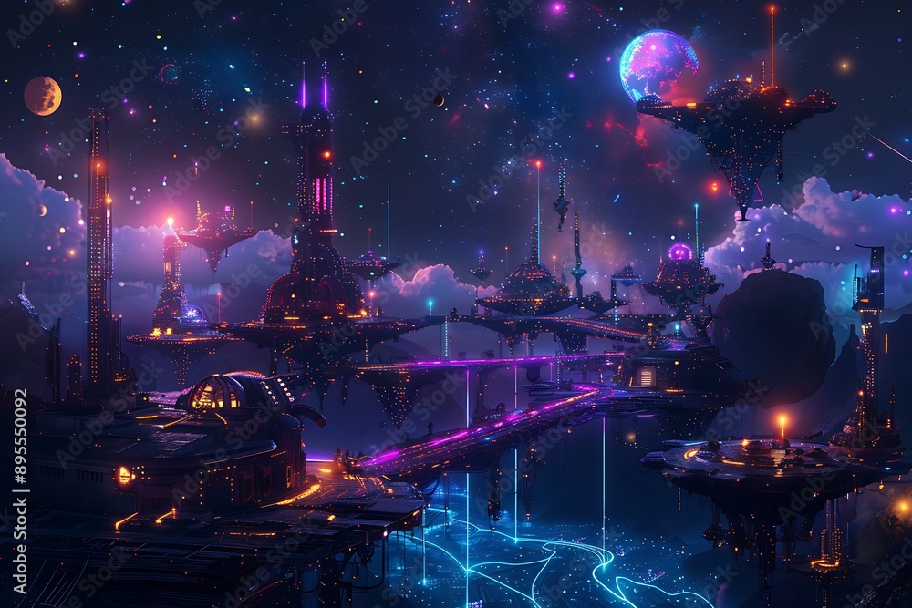 A cyberpunk planet with neon-lit floating cities, luminescent rivers, and towering metallic structures against a dark, star-filled sky, illuminated by glowing moons. A cyberpunk planet with neon-lit floating cities, luminescent rivers, and towering metallic structures against a dark, star-filled sky, illuminated by glowing moons.