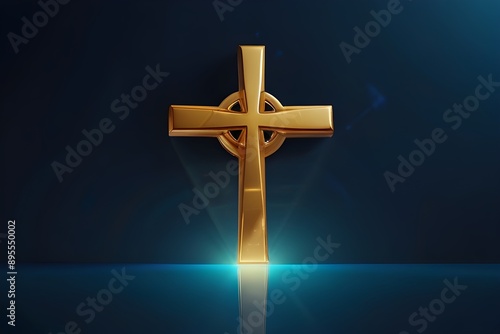 Golden Christian Cross on liturgic blue copy space banner background. 3D illustration for online worship live stream church sermon on Feast of Mary. Concept of the Feast of the Immaculate Conception.  photo