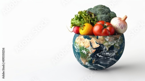 World food day concept with Globe and Various vegetables,world vegetable day,vegetable on the world,fresh different vegetable,vegan day,world food day,copy space. photo