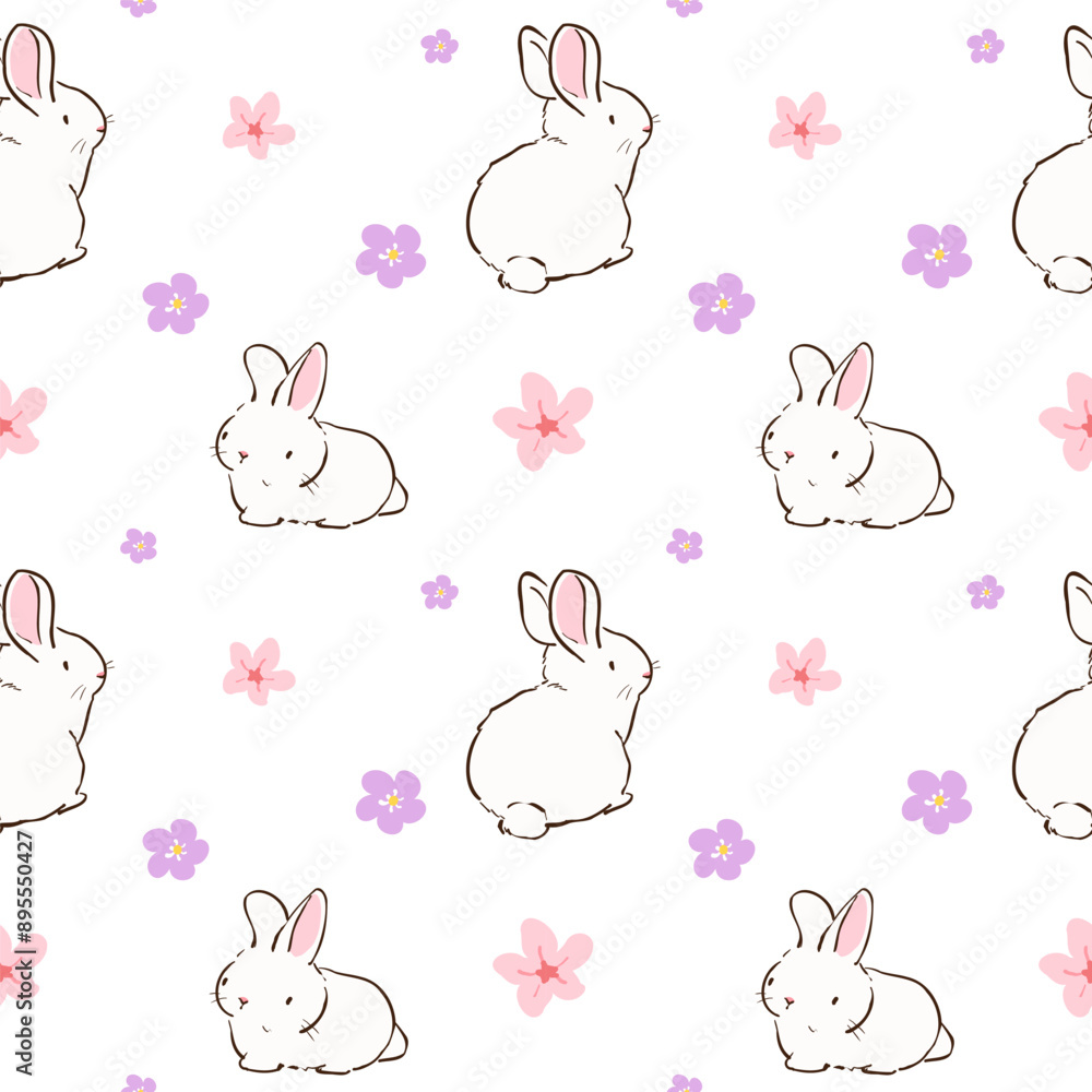 Seamless Pattern of Cartoon Rabbit and Flower Design on White Background Seamless Pattern of Cartoon Rabbit and Flower Design on White Background