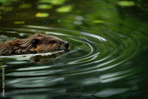 A serene shot of a Eurasian beaver swimming in a pond, creating ripples on the water's surface © Nico