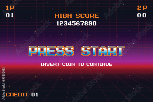 PRESS START INSERT A COIN TO CONTINUE .pixel art .8 bit game. retro game. for game assets .Retro Futurism Sci-Fi Background. glowing neon grid. and stars from vintage arcade computer games