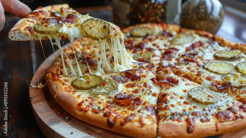 Bacon pickle pizza with gooey cheese pull, Bacon Pickle Pizza, cheese lover s dream