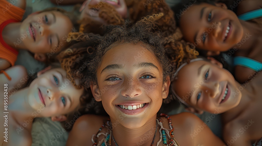 Fototapeta premium A group of kids lying close together, smiling and laughing happily.