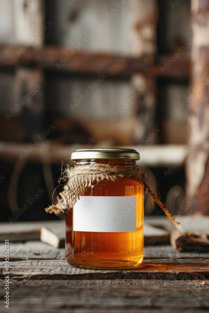 Organic Honey Jar on Rustic Wooden Table with Blank Label Organic Honey Jar on Rustic Wooden Table with Blank Label