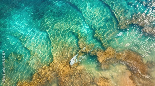 Aerial view of vibrant ocean, sunlight on water, and textured sandy patterns.