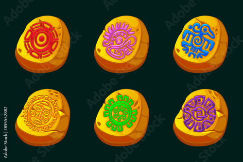 Golden stones with Maya or Aztec symbols. Golden symbols for your 2D game or slot games