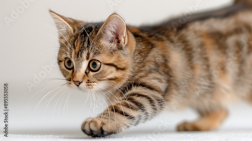 Curious Tabby Kitten Walking with Intense Focus Indoors