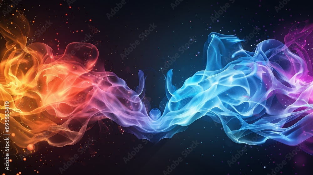 Fototapeta premium Vibrant abstract background with intertwining red and blue smoke creating a dynamic and colorful visual effect on a dark backdrop.