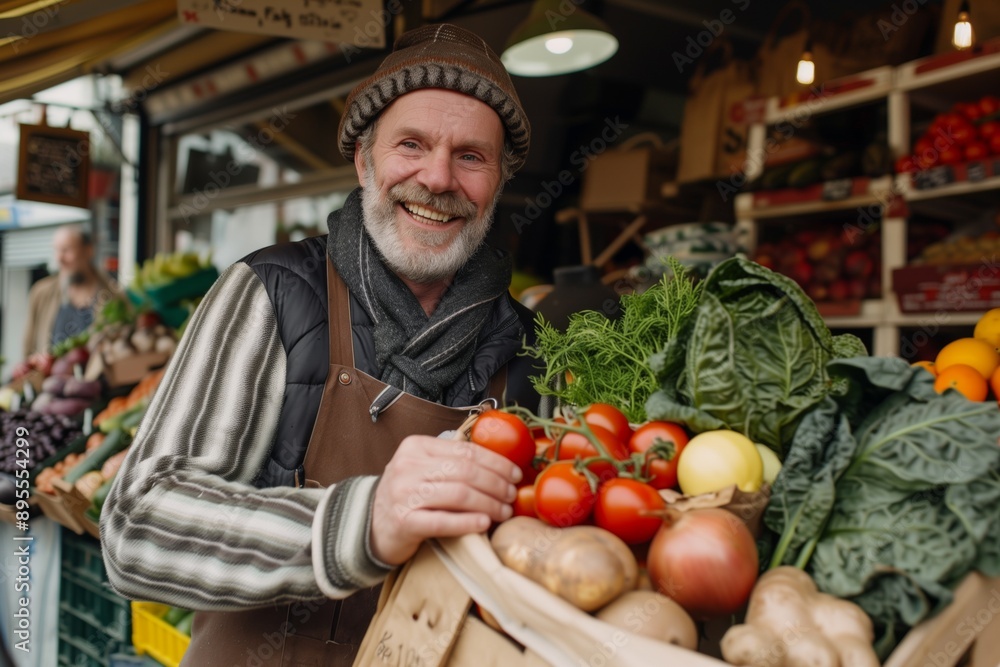 a street vendor at a farmer's market selling organic fruits and vegetables. a street vendor at a farmer's market selling organic fruits and vegetables.