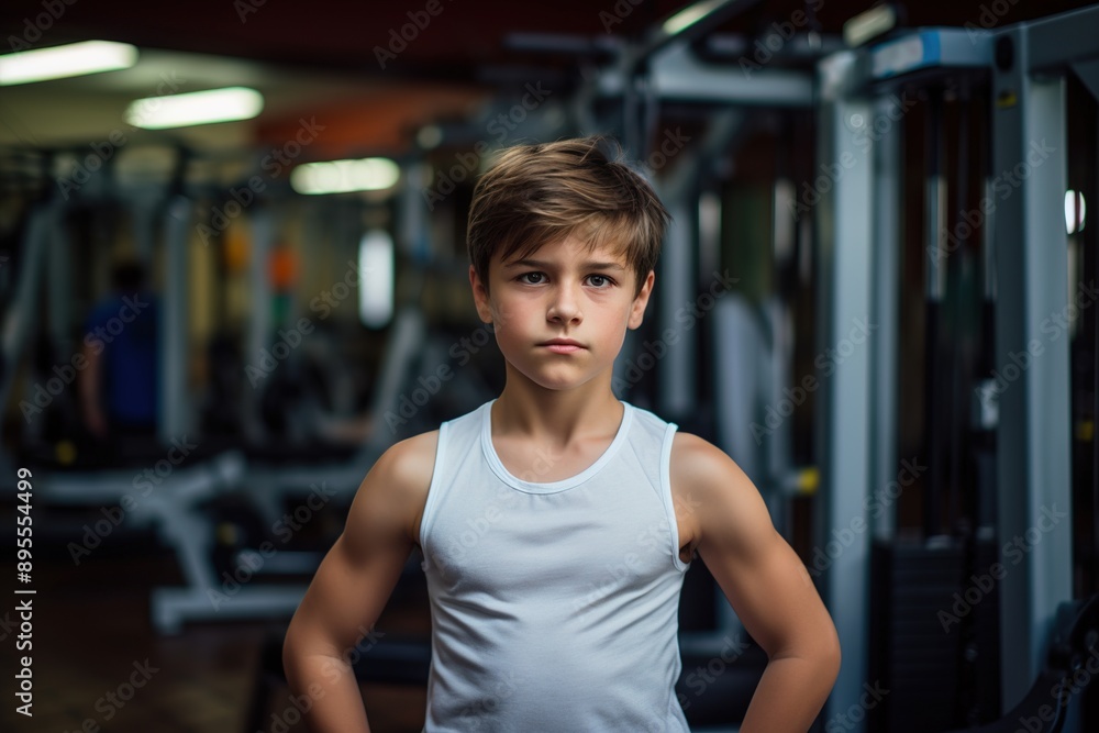 A young boy stands in a gym with his arms crossed, looking at the camera A young boy stands in a gym with his arms crossed, looking at the camera