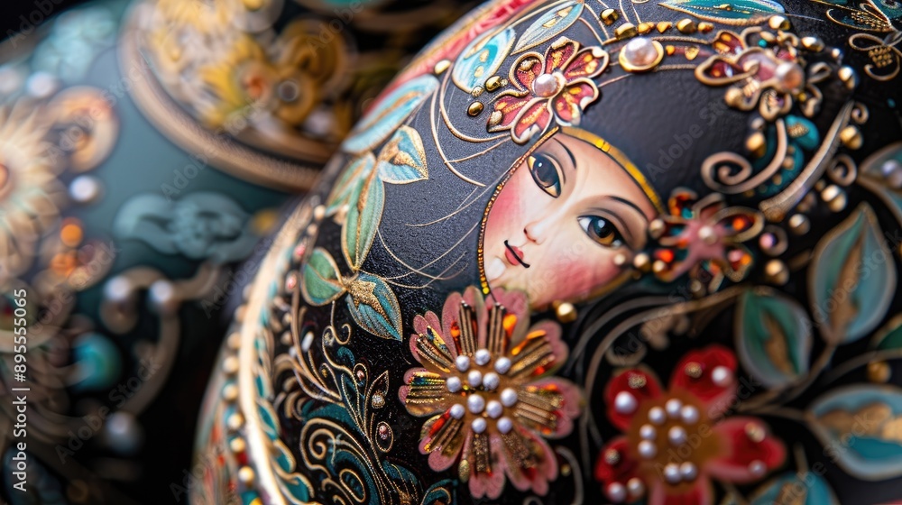 A close-up of a traditional Russian matryoshka doll set, with detailed and colorful designs. A close-up of a traditional Russian matryoshka doll set, with detailed and colorful designs.