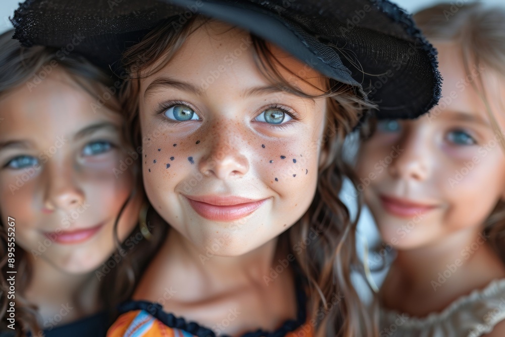 Three young girls are smiling and wearing Halloween costumes with a black hat Three young girls are smiling and wearing Halloween costumes with a black hat