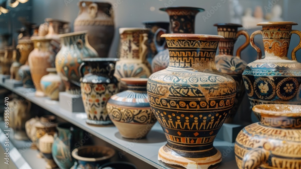 A collection of ancient Greek pottery with detailed designs, displayed in a museum. A collection of ancient Greek pottery with detailed designs, displayed in a museum.