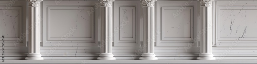 Obraz premium Majestic 3D Greek and Roman Architectural Elements: White Marble Columns and Pedestals Against Pristine Background. Classical Antiquity Inspired Design Featuring Elegant Pillars, Podiums, and Ancient 