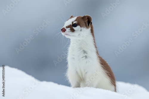 A striking image of a stoat in its winter white coat, standing alert in a snowy landscape.