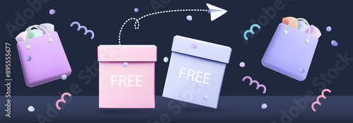 Free shipping, promotional offer, low interest rates. Flying bag with coupons. Vouchers with profitable bonuses, gift coupons in a shopping bag. Online shipping, sale with discounts. Low interest. 3d.