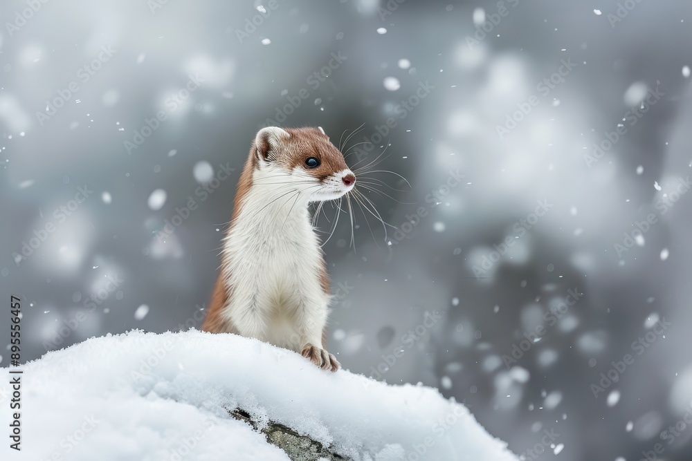 A striking image of a stoat in its winter white coat, standing alert in a snowy landscape.