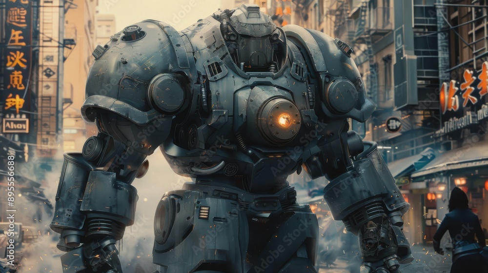 Futuristic Heavyset Superhero in Advanced Armor Suit Standing in Modern Tech Cityscape - Detailed Machinery and Realistic Artwork Concept Futuristic Heavyset Superhero in Advanced Armor Suit Standing in Modern Tech Cityscape - Detailed Machinery and Realistic Artwork Concept