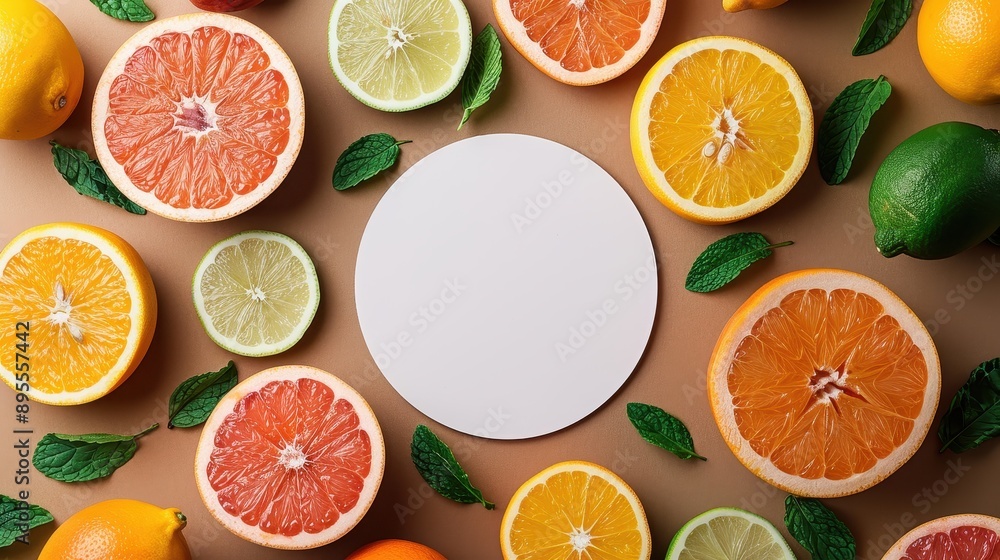 Various citrus fruits and white circle on color background,Creative background made of summer tropical fruits with grapefruit,orange,lemon,lime,Different citrus fruits and leaves,Flat lay,copy space. Various citrus fruits and white circle on color background,Creative background made of summer tropical fruits with grapefruit,orange,lemon,lime,Different citrus fruits and leaves,Flat lay,copy space.