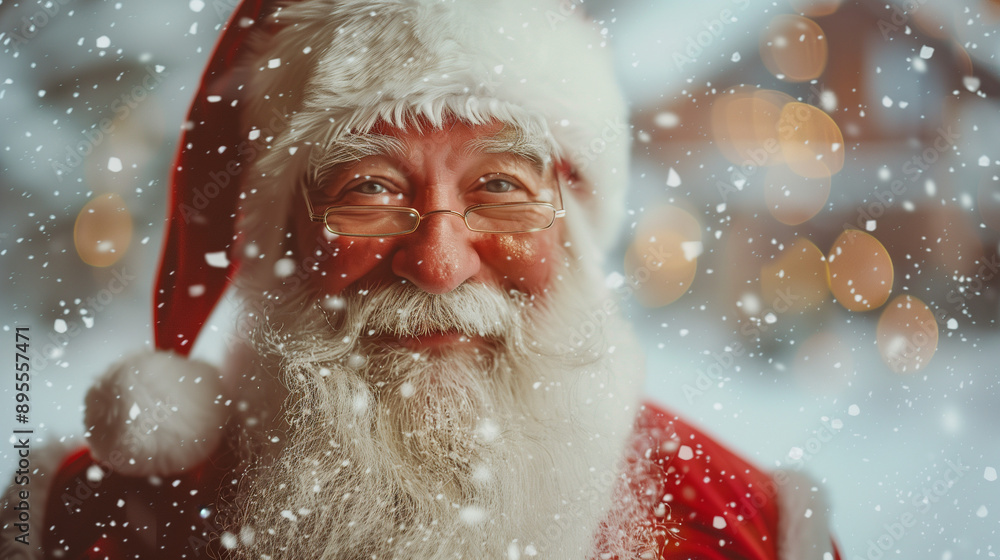 A cheerful and smiling Santa Claus in glasses with a lush white beard and a red cap with falling snow in the background
A cheerful and smiling Santa Claus in glasses with a lush white beard and a red cap with falling snow in the background