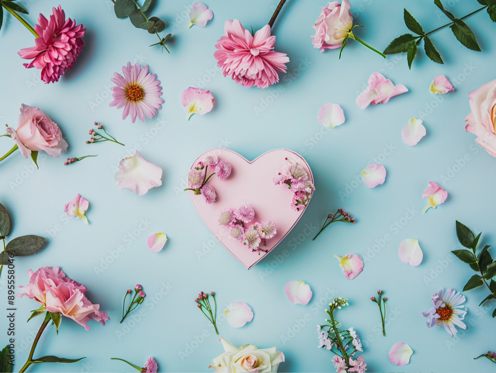 The image presents a heart-shaped gift box elegantly surrounded by flowers, This versatile setup is perfect for occasions such as Valentine’s Day, Christmas, birthdays, and Mother’s Day. The image presents a heart-shaped gift box elegantly surrounded by flowers, This versatile setup is perfect for occasions such as Valentine’s Day, Christmas, birthdays, and Mother’s Day.