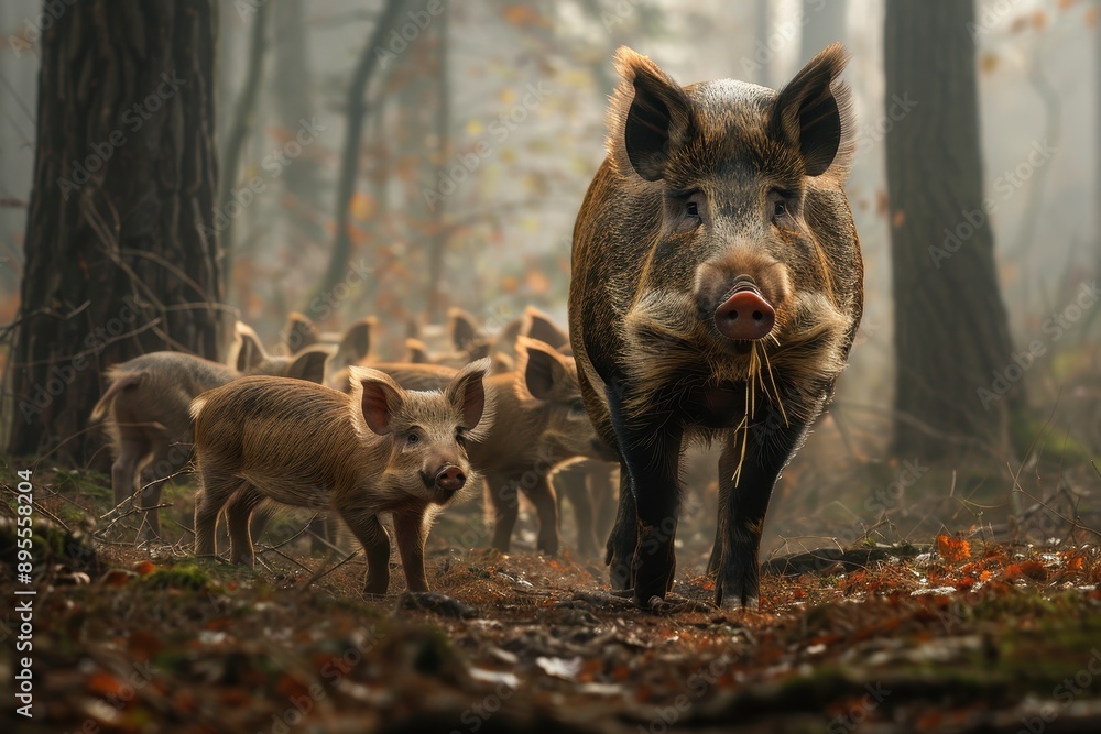 A stunning image of a European wild boar with its piglets, rooting around in a forest. A stunning image of a European wild boar with its piglets, rooting around in a forest.