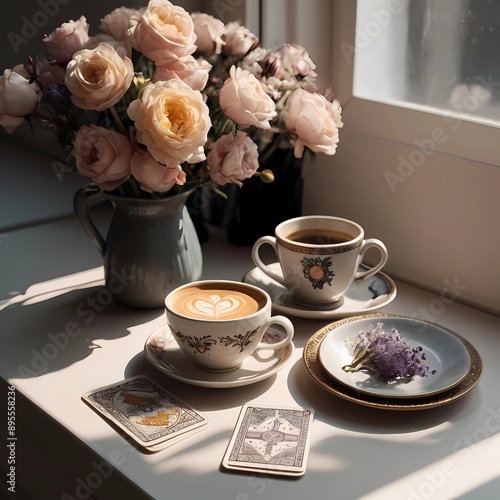 morning coffee, flowers and tarot cards