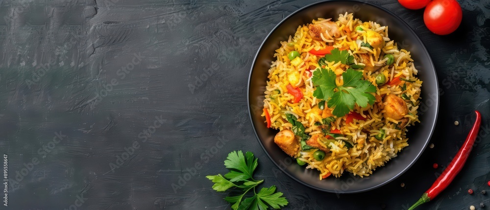 A vibrant and aromatic plate of Biryani garnished with fresh herbs, banner, with copy space A vibrant and aromatic plate of Biryani garnished with fresh herbs, banner, with copy space
