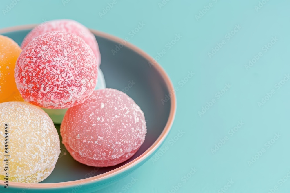 A vibrant display of colorful mochi desserts, banner, with copy space A vibrant display of colorful mochi desserts, banner, with copy space